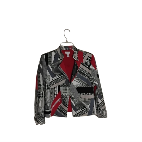 Chico's Women's 1  Red  Black Gray Long Sleeve Abstract Open Front Blazer Jacket - Picture 1 of 5